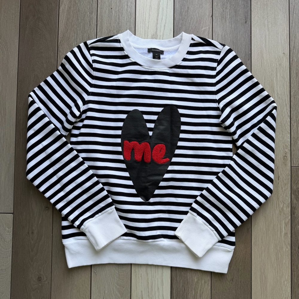 Halogen Black and White Striped Sweater with Red Heart